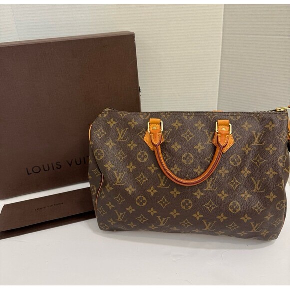 Louis Vuitton Speedy 35 Brown Canvas Monogram LV Satchel Handbag $1700 RP - Picture 1 of 12